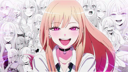 Marin Kitagawa from My Dress-Up Darling anime, featured in a vibrant 4K Ultra HD PC desktop wallpaper with expressive manga-style background faces.