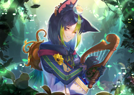 HD PC desktop wallpaper featuring Tighnari from the video game Genshin Impact, surrounded by glowing forest elements in a vibrant, mystical setting.