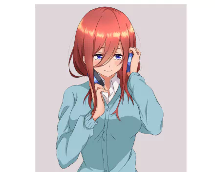 HD PC desktop wallpaper featuring Miku Nakano from the anime The Quintessential Quintuplets, showcasing her with red hair and a blue cardigan.