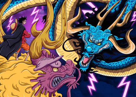 A dynamic 4K Ultra HD One Piece wallpaper featuring Kaido in dragon form facing off against Monkey D. Luffy and Kozuki Momonosuke with intense lightning effects.