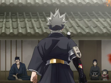 Asta from Black Clover in anime style, standing with his back facing the viewer against a traditional Japanese roof background, featured in an HD PC desktop wallpaper.