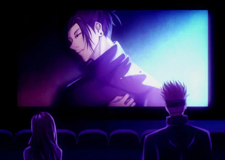 HD anime wallpaper featuring two Jujutsu Kaisen characters watching a movie in a dark theater, with vibrant blue and purple lighting highlighting the scene.