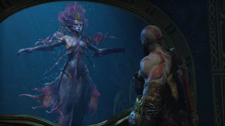 4K Ultra HD PC desktop wallpaper from God of War: Ragnarök — Kratos faces a glowing, ethereal sea-witch in a dark, circular underwater chamber.