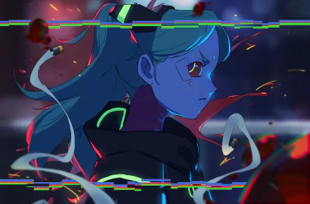 HD PC wallpaper featuring Rebecca from the anime Cyberpunk: Edgerunners, showcasing her intense profile with neon cyberpunk elements and glitch effects.