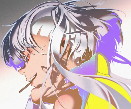 HD anime desktop wallpaper featuring Lucy from Cyberpunk: Edgerunners with striking white hair and glowing red eyes against a vibrant background.