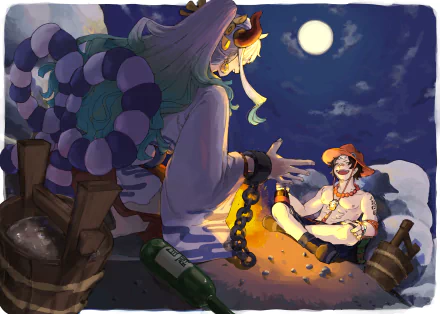 4K Ultra HD anime wallpaper featuring One Piece characters Portgas D. Ace and Yamato sharing a moment under a moonlit sky with scattered bottles around them.