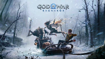 4K Ultra HD PC desktop wallpaper featuring intense battle scenes from the video game God of War: Ragnarök in a dark, snowy forest setting.
