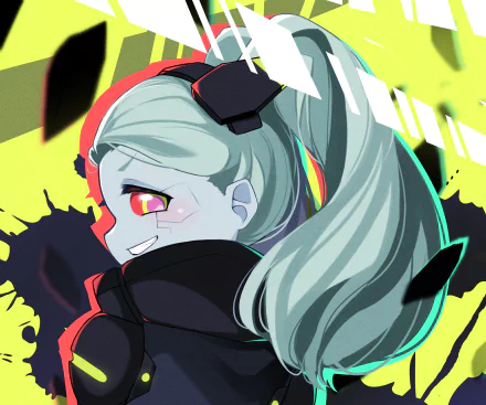 Rebecca (Cyberpunk: Edgerunners) anime HD PC desktop wallpaper: smirking side-profile with pale teal twin-tail, red cybernetic eye glow, neon yellow-green background and black splatter accents.