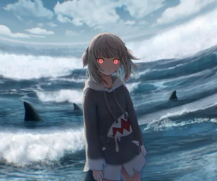 4K Ultra HD anime wallpaper featuring Gawr Gura from hololive as a virtual YouTuber standing against a turbulent ocean backdrop with shark fins visible.