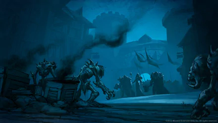 HD PC desktop wallpaper featuring a dark, eerie World of Warcraft scene with undead creatures moving through a gloomy, fortress-like environment.