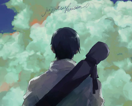 HD PC desktop wallpaper featuring Yuta Okkotsu from the anime Jujutsu Kaisen 0, showing him from behind against a vivid, cloud-filled sky background.