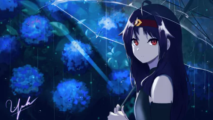 Yuuki Konno from Sword Art Online stands with a sword amidst glowing blue flowers in a 4K Ultra HD anime desktop wallpaper background.