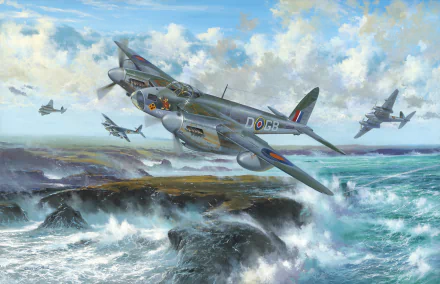 HD desktop wallpaper depicting a formation of military de Havilland Mosquito aircraft flying over a stormy coastal landscape.