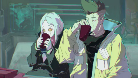 HD PC desktop wallpaper featuring David and Rebecca from the anime Cyberpunk: Edgerunners sharing a drink in a moody, cyberpunk setting.