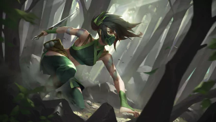 Akali (League Of Legends) video game HD PC desktop wallpaper and background — masked, green-clad ninja crouches on a forest floor, shuriken ready as wind and leaves swirl through misty trees.