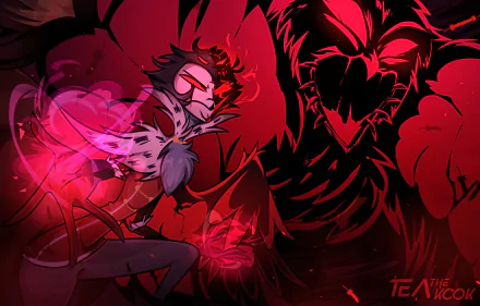 HD PC desktop wallpaper featuring Stolas from the TV show Helluva Boss, showcasing vibrant red and black tones with dynamic, dark fantasy artwork.