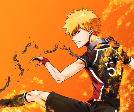 Anime character from Blue Lock in dynamic pose with fiery effects and broken chains, rendered in vibrant colors for a 4K Ultra HD PC desktop wallpaper.