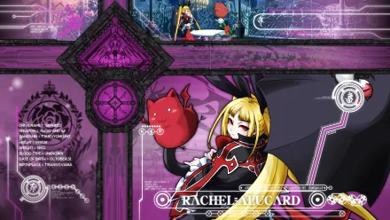 HD PC desktop wallpaper featuring Rachel Alucard from the video game BlazBlue: Continuum Shift in a gothic, purple-themed environment.