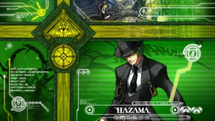 HD PC desktop wallpaper of Hazama (BlazBlue: Continuum Shift) — dark-suited, fedora-wearing antagonist set against a glowing green, circuit-like cross and UI elements.