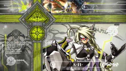 HD PC desktop wallpaper from video game BlazBlue: Continuum Shift — A-11, white-haired anime cyborg in black-and-white armor with a red visor against a green techno-cross background.