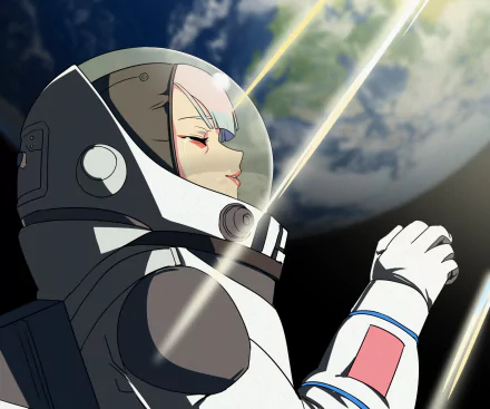 HD PC desktop wallpaper featuring Lucy from the anime Cyberpunk: Edgerunners in a space suit with a planet in the background.