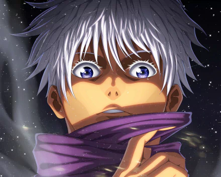 Close-up of Satoru Gojo from Jujutsu Kaisen with glowing blue eyes and white hair, depicted in 4K Ultra HD as an anime PC desktop wallpaper.