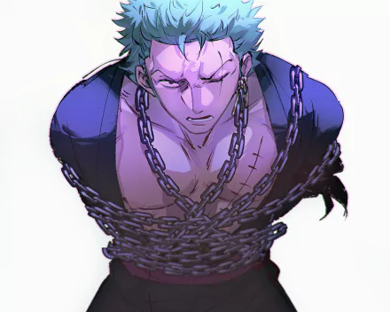 HD anime desktop wallpaper featuring Roronoa Zoro from One Piece, depicted with chains wrapped around his torso against a minimal white background.