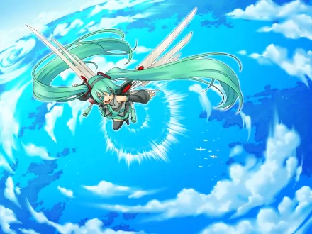 Anime-style Vocaloid Hatsune Miku soars through a vibrant blue sky, twin tails streaming; HD PC desktop wallpaper/background.