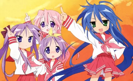 Anime characters Miyuki Takara, Tsukasa Hiiragi, Konata Izumi, and Kagami Hiiragi from Lucky Star are featured in a vibrant HD wallpaper, celebrating their playful personalities against a bright background.