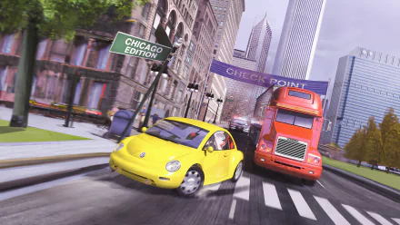 Yellow car and red semi racing past Chicago landmarks under a CHECK POINT banner — Midtown Madness video game 2K Quad HD PC desktop wallpaper and background.