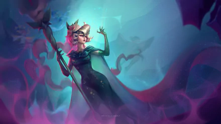 White Lily Cookie from COOKIE RUN: KINGDOM stands confidently in a dark, mystical setting, captured in vibrant 8K Ultra HD PC wallpaper quality.