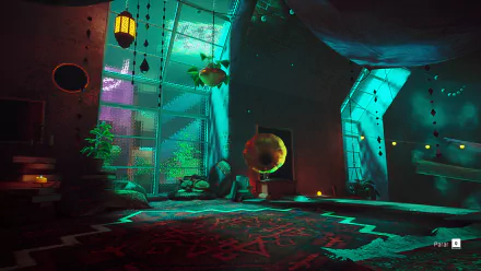 HD PC desktop wallpaper featuring a vibrant, neon-lit indoor scene from the video game Stray, showcasing futuristic architecture and atmospheric lighting.
