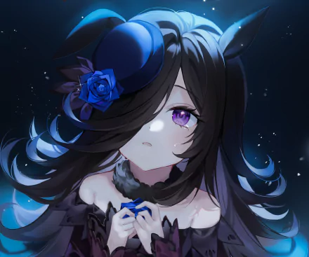 Rice Shower from Uma Musume: Pretty Derby — anime HD PC desktop wallpaper showing a close-up of a dark-haired girl with purple eyes and blue roses against a starry night background.
