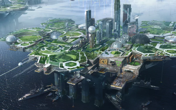 HD PC desktop wallpaper showcasing a detailed sci-fi structure with futuristic buildings and greenery on a floating island surrounded by water.