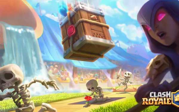 Clash Royale video game HD PC desktop wallpaper: Witch and skeletons rush a grassy arena as a floating chest drops from the sky, colorful stadium and icy cliffs in the background.