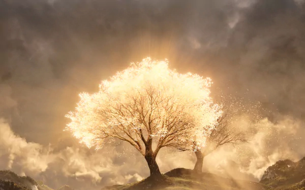 A stunning HD wallpaper from The Lord of the Rings: The Rings of Power, featuring a luminous tree against a dramatic, cloud-filled sky.