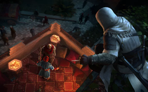 Assassin's Creed Mirage video game 4K Ultra HD PC desktop wallpaper: hooded assassin perched on a rooftop, overlooking a lit courtyard where figures gather below.