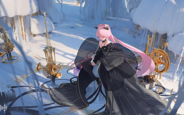 HD PC desktop wallpaper of Sangonomiya Kokomi from the video game Genshin Impact, featuring her in a detailed black outfit with a serene, icy background.