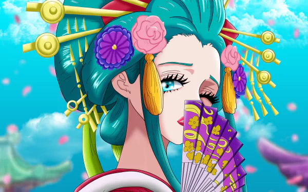 Komurasaki (One Piece) anime 5K Ultra HD PC desktop wallpaper: teal-haired oiran with floral kanzashi and decorative fan against a bright sky background.