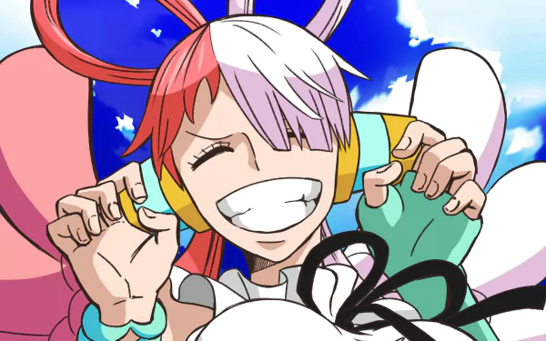 4K Ultra HD PC desktop wallpaper of Uta (One Piece) grinning with headphones against a bright anime sky — One Piece background art.