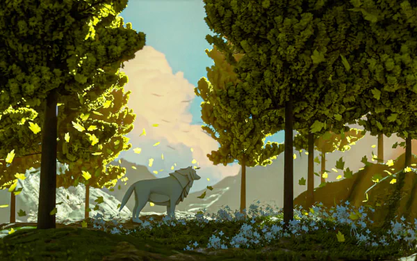 HD PC desktop wallpaper featuring a fantasy landscape with lush trees, vibrant land, and a mystical animal under a bright sky.