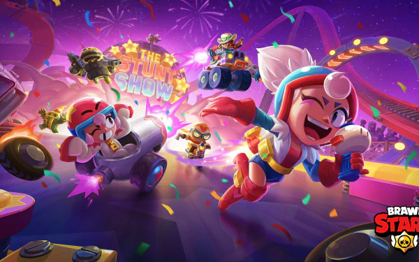 HD PC desktop wallpaper featuring colorful characters from the video game Brawl Stars in an energetic stunt show scene with bright lights and fireworks.