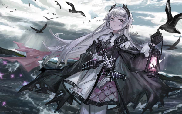 Irene from Arknights stands holding a lantern against a stormy sky, in this 4K Ultra HD video game desktop wallpaper background.