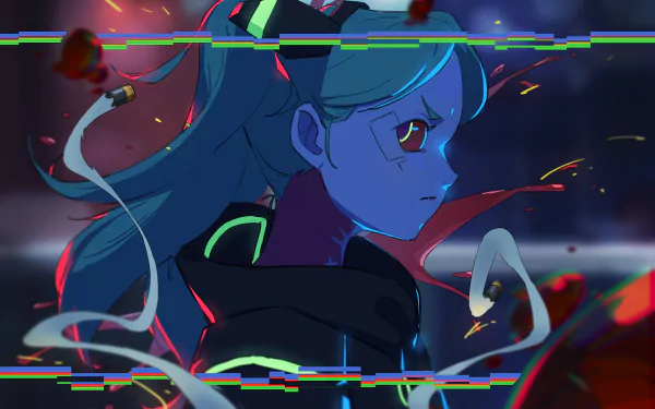HD PC wallpaper featuring Rebecca from the anime Cyberpunk: Edgerunners, showcasing her intense profile with neon cyberpunk elements and glitch effects.