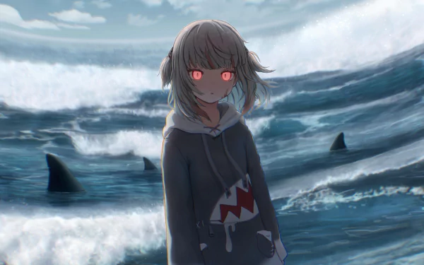 4K Ultra HD anime wallpaper featuring Gawr Gura from hololive as a virtual YouTuber standing against a turbulent ocean backdrop with shark fins visible.