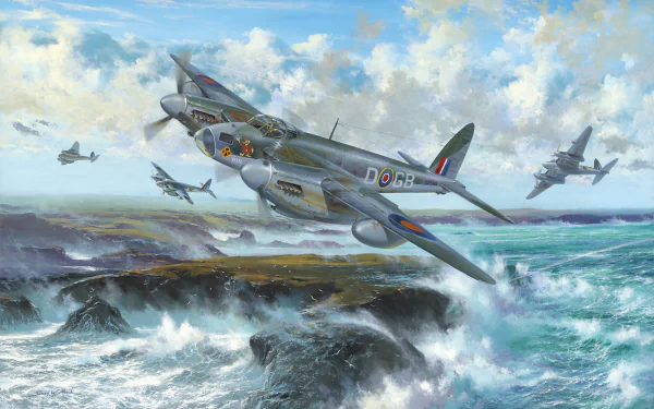 HD desktop wallpaper depicting a formation of military de Havilland Mosquito aircraft flying over a stormy coastal landscape.