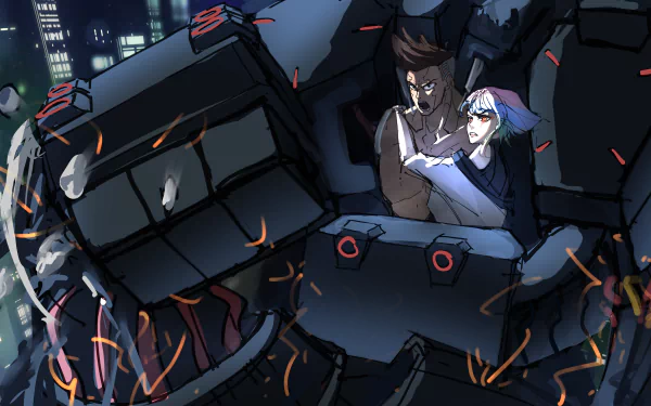 Lucy and David from Cyberpunk: Edgerunners anime embrace amidst a futuristic, fiery background in a dynamic 4K Ultra HD PC desktop wallpaper.