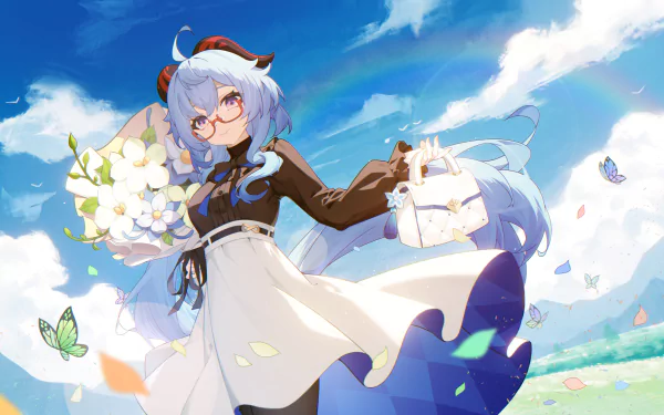 Ganyu from Genshin Impact stands outdoors holding flowers and a bag, depicted in vibrant colors as a 4K Ultra HD PC desktop wallpaper and background.