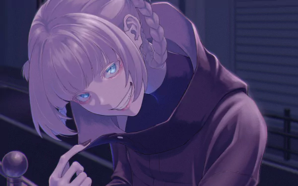 HD anime desktop wallpaper featuring Nazuna Nanakusa from Call of the Night, showcasing her with braided hair and glowing blue eyes in a dark, moody setting.