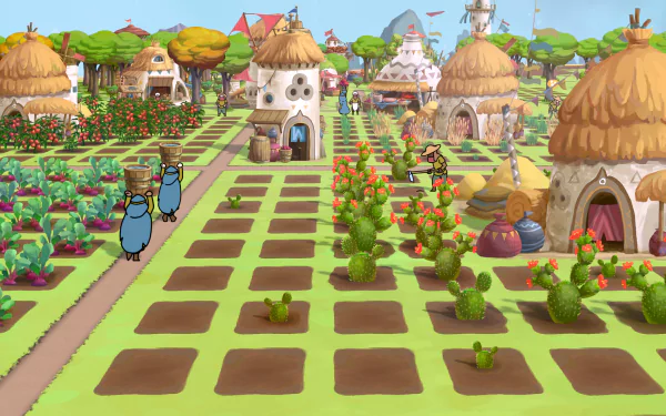 HD desktop wallpaper featuring The Wandering Village game with vibrant agricultural scenery and quaint huts.